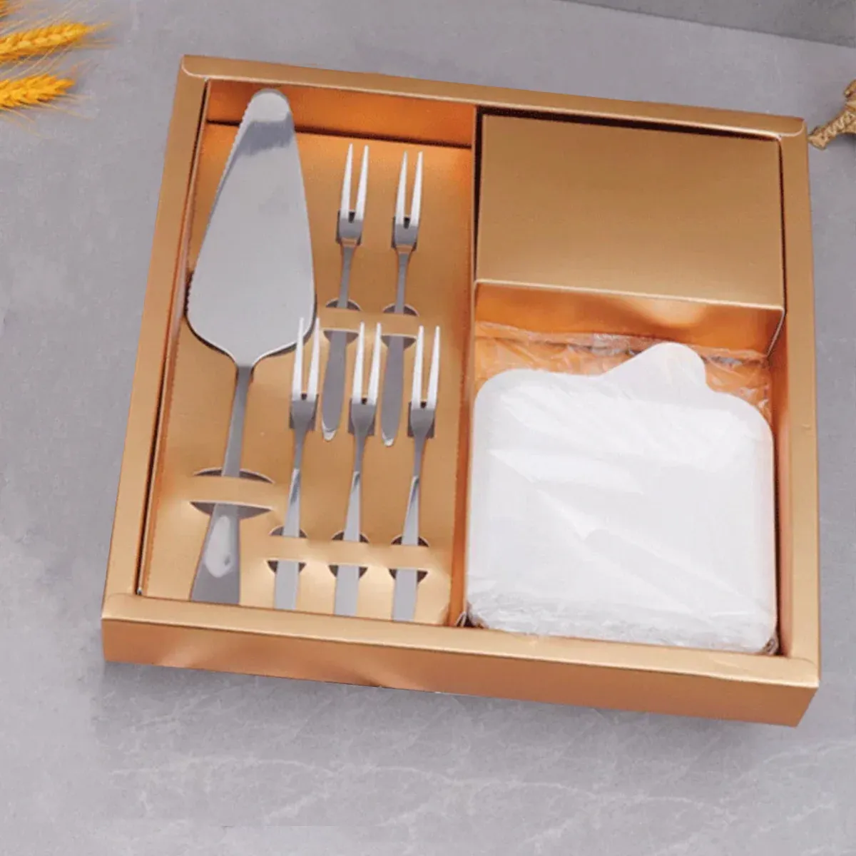 Stainless Steel Cake Knife Fork Plate Set With Candles For Party Dessert Serving — image 6