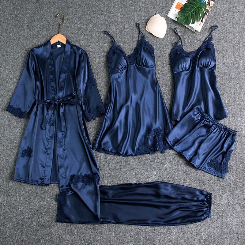 Women Sleepwear Set Long Sleeve Ice Silk Navy Blue XXXL โ image 3