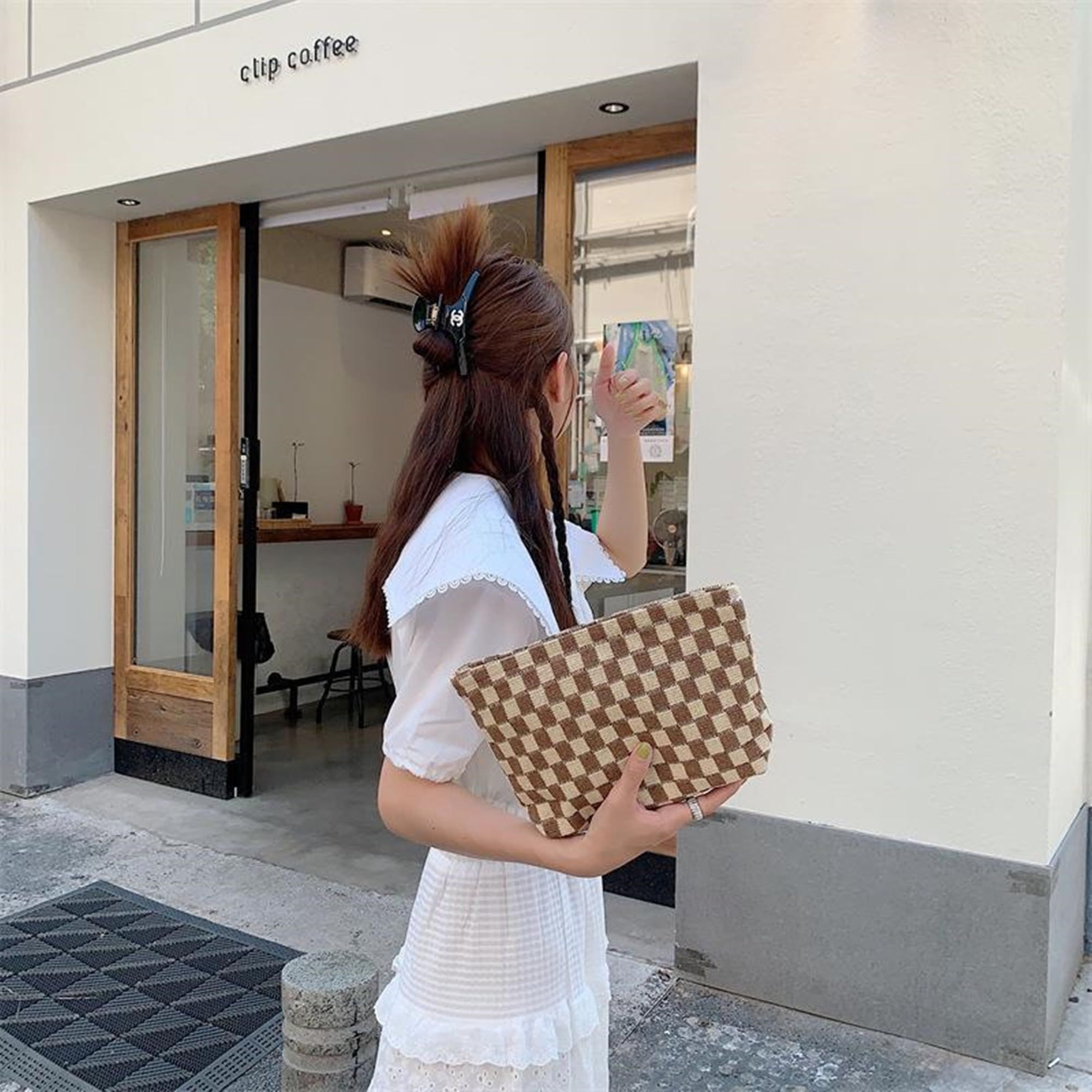 Cosmetic Bag Cute Makeup Bag Accessories Aesthetic Make Up Bag Y2k Purse Checkered Makeup Bag Cosmetic Bag for Women (Brown) — image 3
