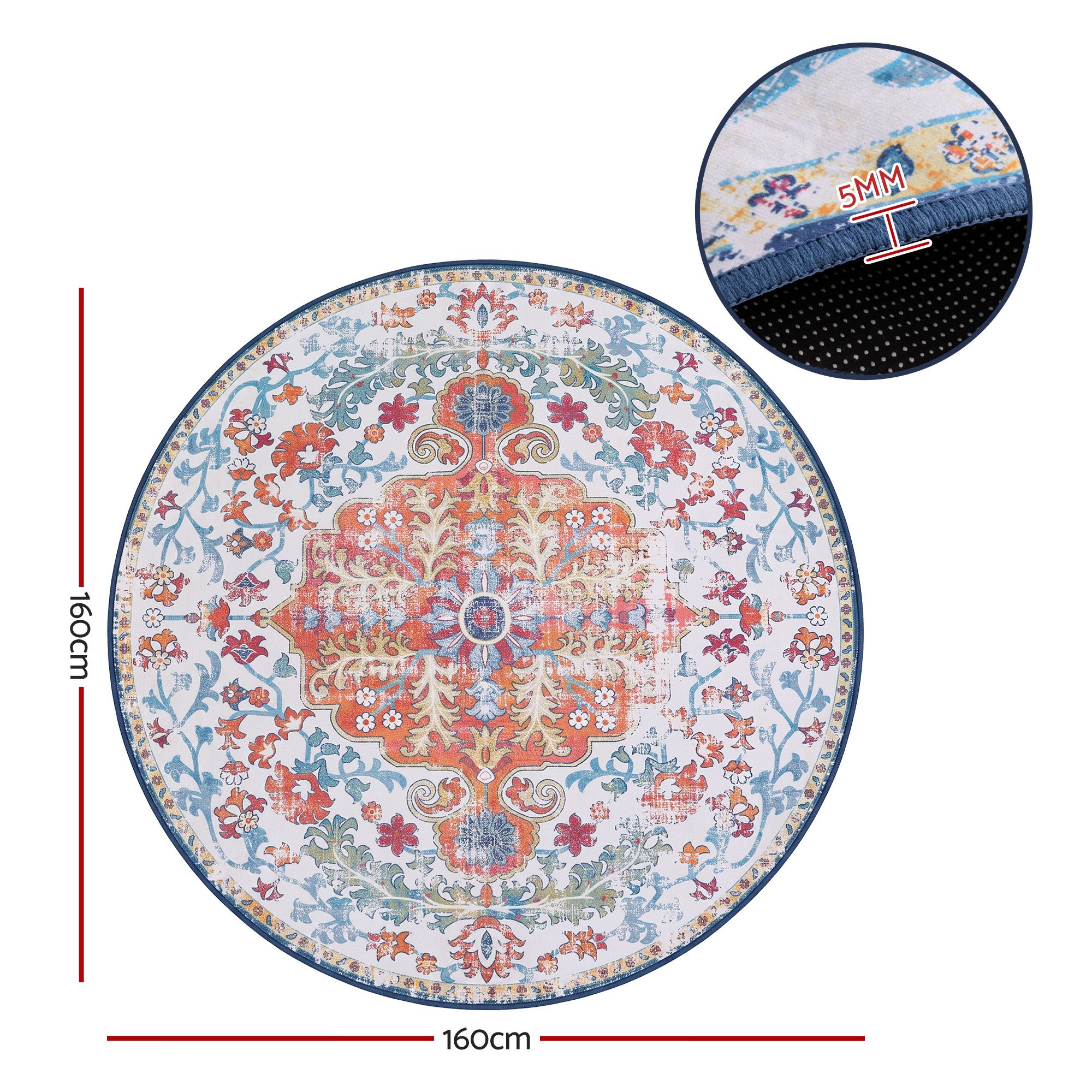 Artiss 160 cm Round Rugs for Living Room With Silicone Dots Grip For Bedroom Entryway 5mm Ultra Thin Foldable Machine Washable Vintage Boho Floor Carpet — image 2