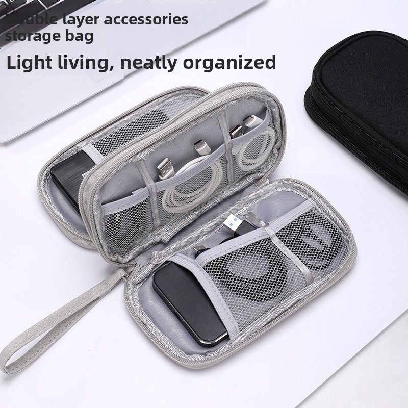 2-PCS Dark Grey Double Layer Travel Electronics Organizer Bag Waterproof Cable Pouch for Power Bank and Phone Portable Storage for Australians — image 2