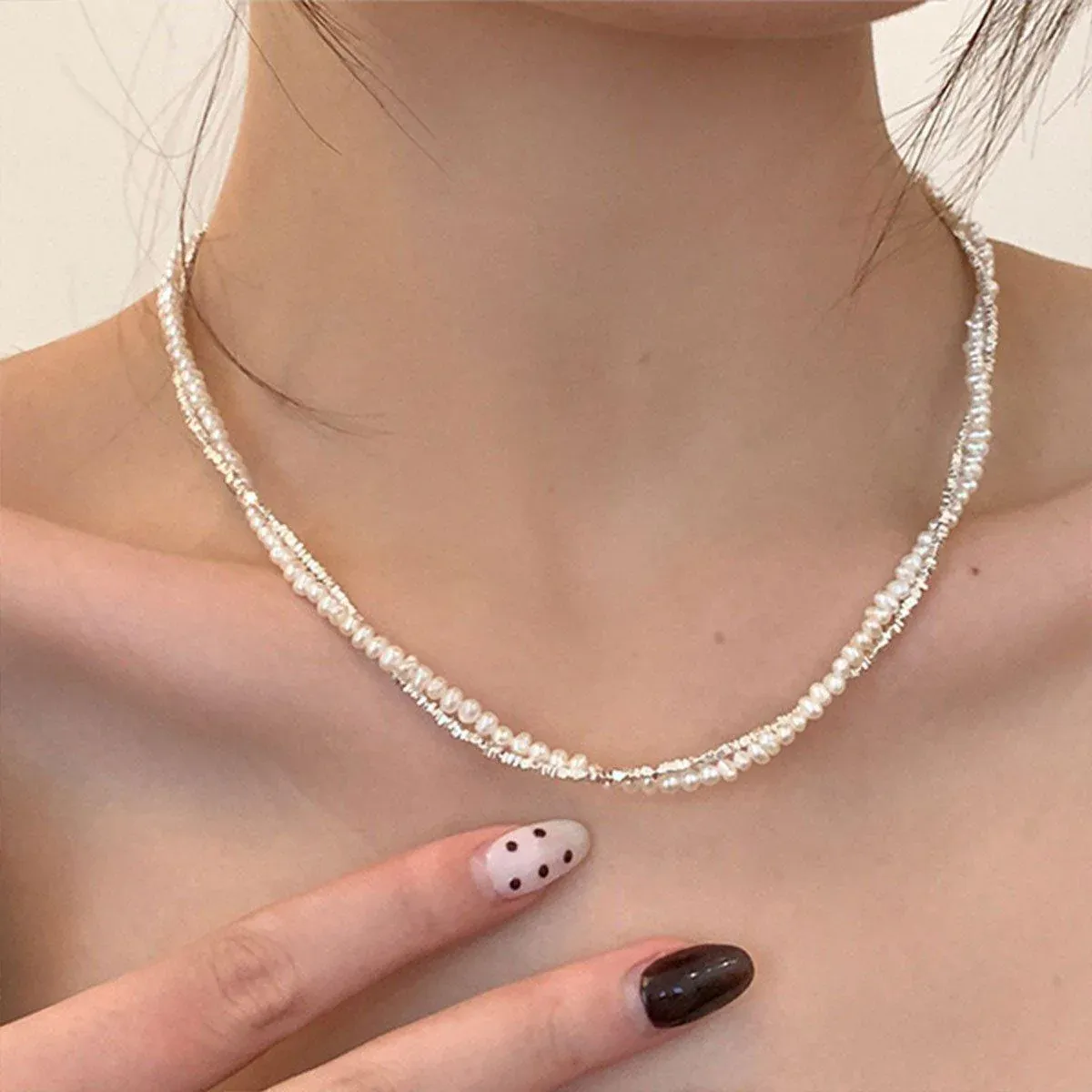 Double Layered Pearl Necklace Bracelet Set Silver Jewelry Women Fashion - Pendant โ image 6