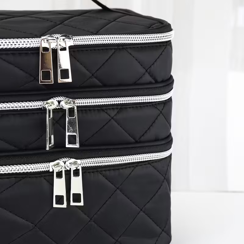 Fashionable and light luxury large-capacity black embroidered diamond-shaped cosmetic bag with three for multi-level storage, portable and hand-held, suitable โ image 6