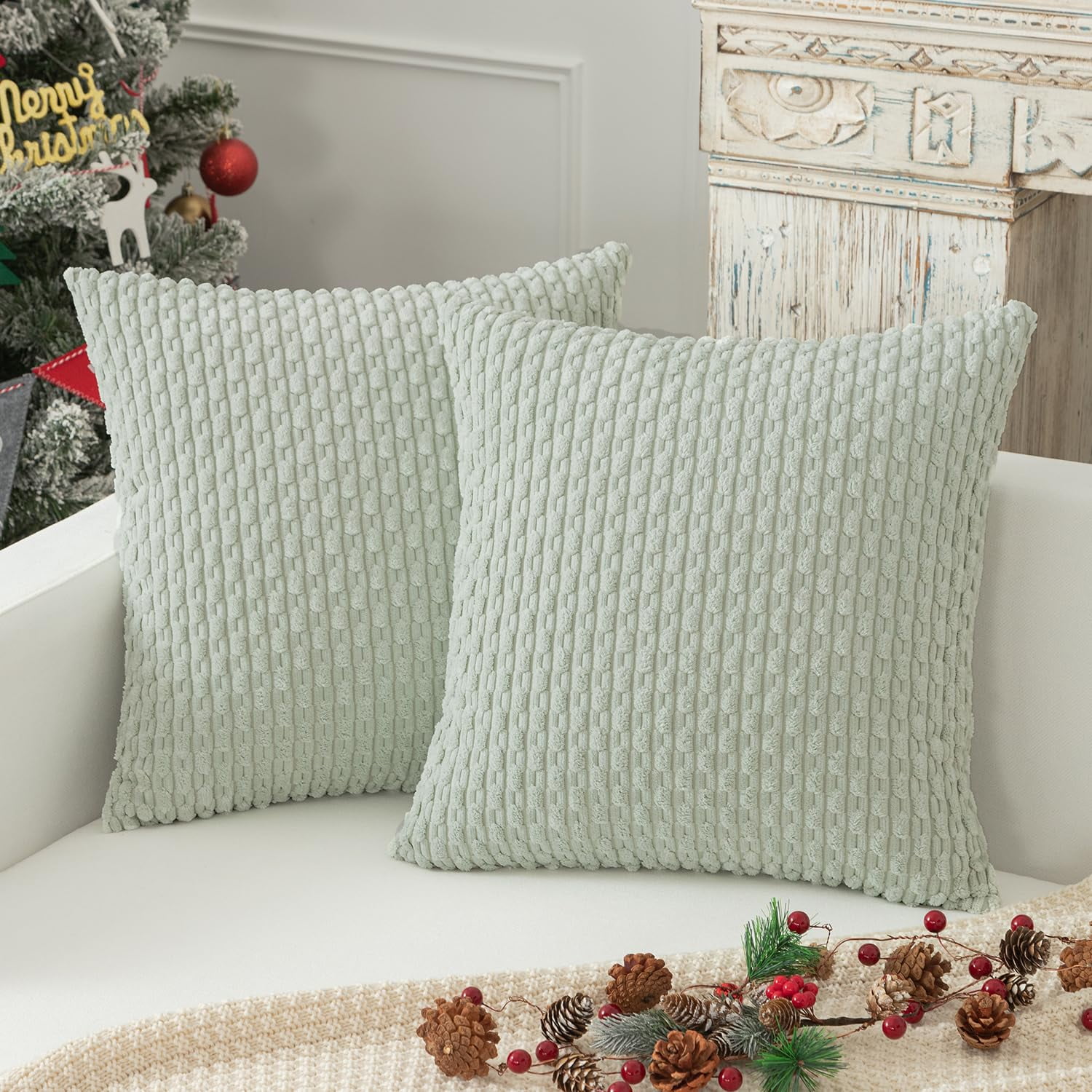 2 Pack Striped Velvet Corduroy Pillow Covers, Decorative Throw Cushion Cases for Couch, Sofa and Bed, 22 x 22-Inch, Light Green