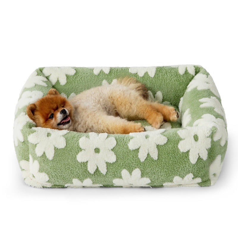 63 × 53 × 17 CM Cute Square Plush Pet Bed with Removable Cover & 5 Bolsters Support - Green Daisies Machine Washable Calming Dog & Cat Sofa