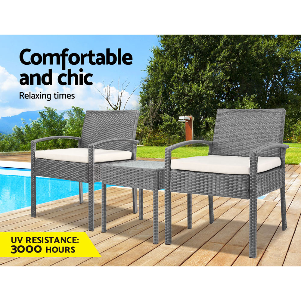Gardeon 3PC Patio Furniture Bistro Set Wicker Outdoor Lounge Setting Grey — image 3