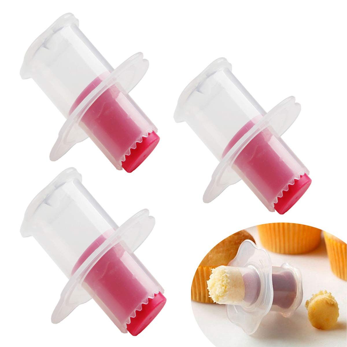 3pc Plastic Cupcake Corer Plunger Cutter Pastry Corer Digging Holes Tools for Muffin Cake Filling, Red