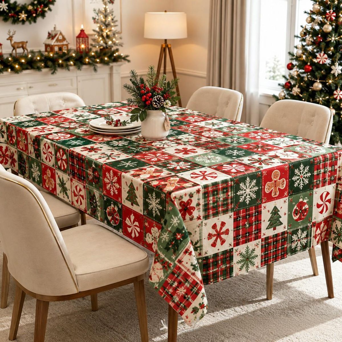 Christmas Patchwork Snowman Rectangle Table Cloth Polyester holiday Xmas Winter tablecloth Machine Washable Table Cover Stain Wrinkle Resistant Dining Party Kitchen Decor - D - Size 100x150cm