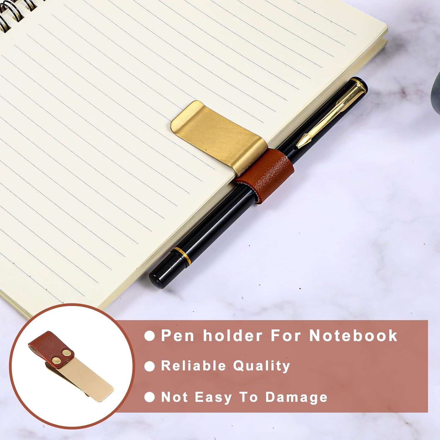 2 Pcs PU Leather Retro Notebook Pen Clips Metal Pen Loop Holder Sleeve - Silver & Gold โ image 5