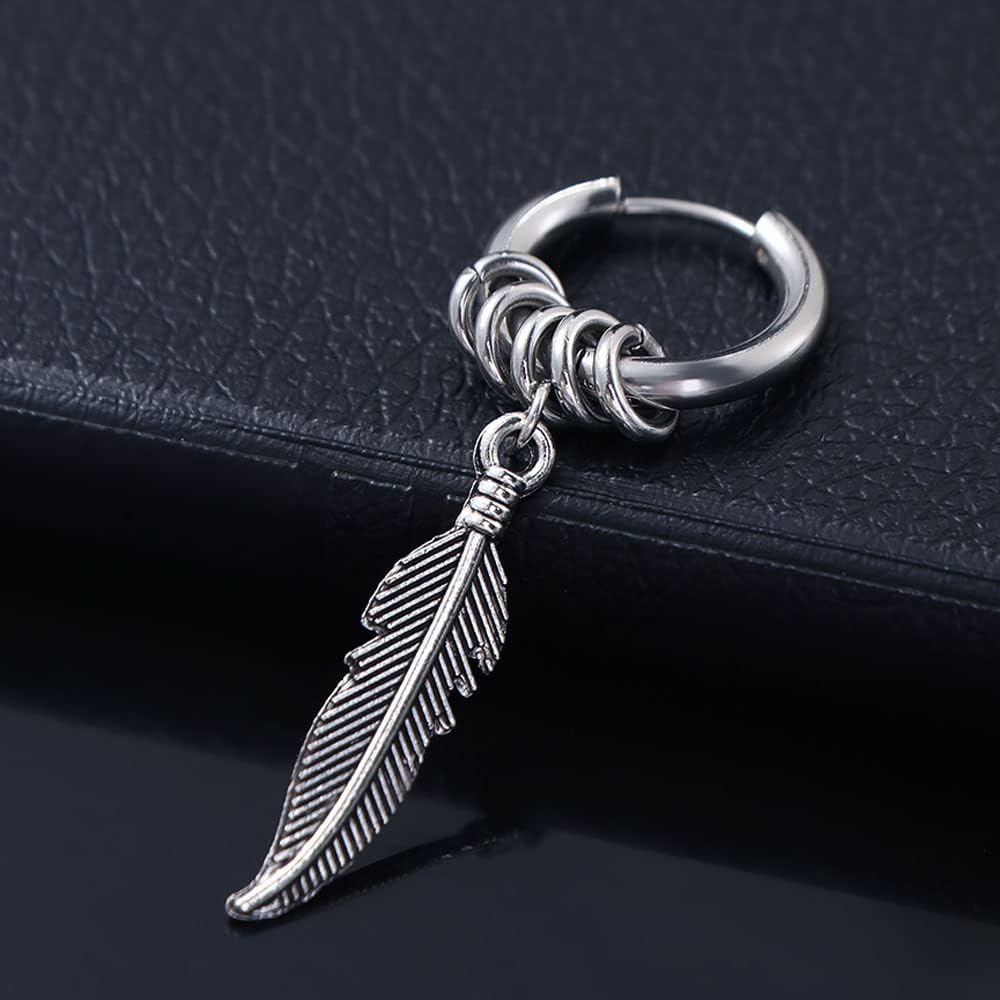 Stainless Steel Feather Design Hoop Earrings, Punk Rock Style Earrings Jewelry, Vintage Leaf Alloy Silver โ image 4