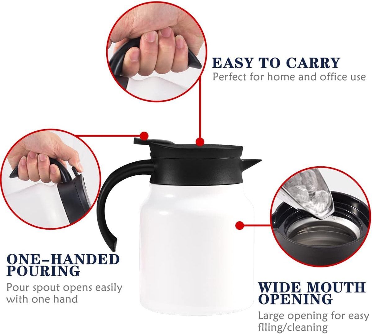 Vacuum Insulated Tea Pot With Infuser, 18 8 Stainless Steel Double Wall Thermal Carafe With Temperature Display, White, 1 L — image 2