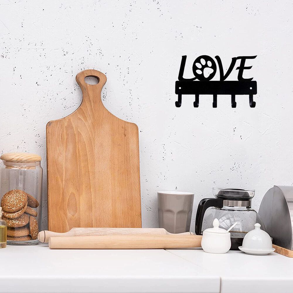 Love with Dog Paw Key Rack Hanger & Holder- Small 6 inch Wide - for Hanging Coats, Black No Rust Hooks for Scarf, Bag, Towel โ image 4