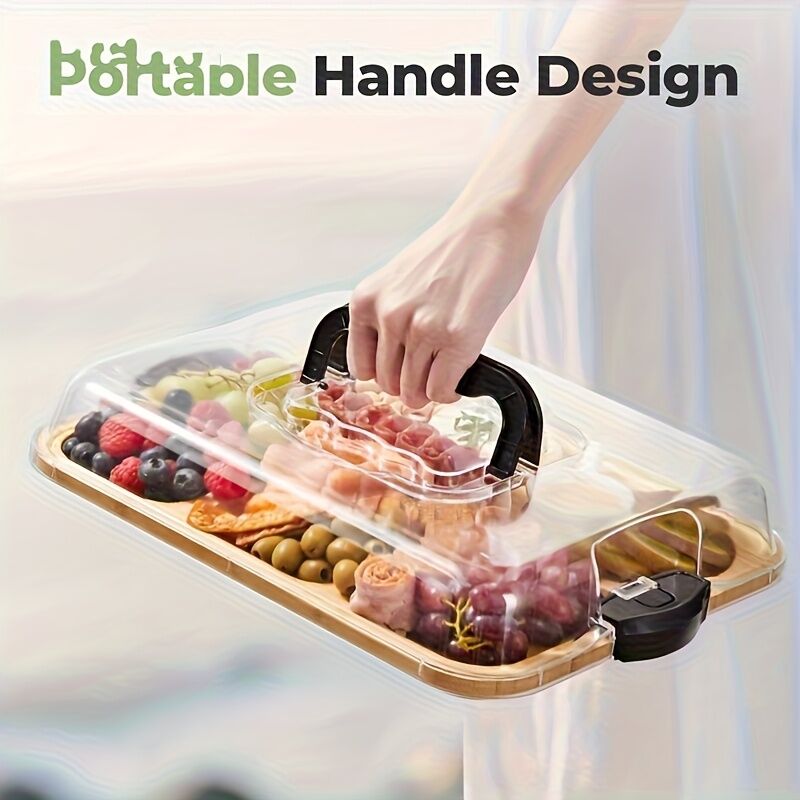 1pc Cheese Tray with Transparent Acrylic Lid - Portable Deli Platter for Camping, Parties, Restaurants | Holiday Appetizer, Deli and Snack Serving
