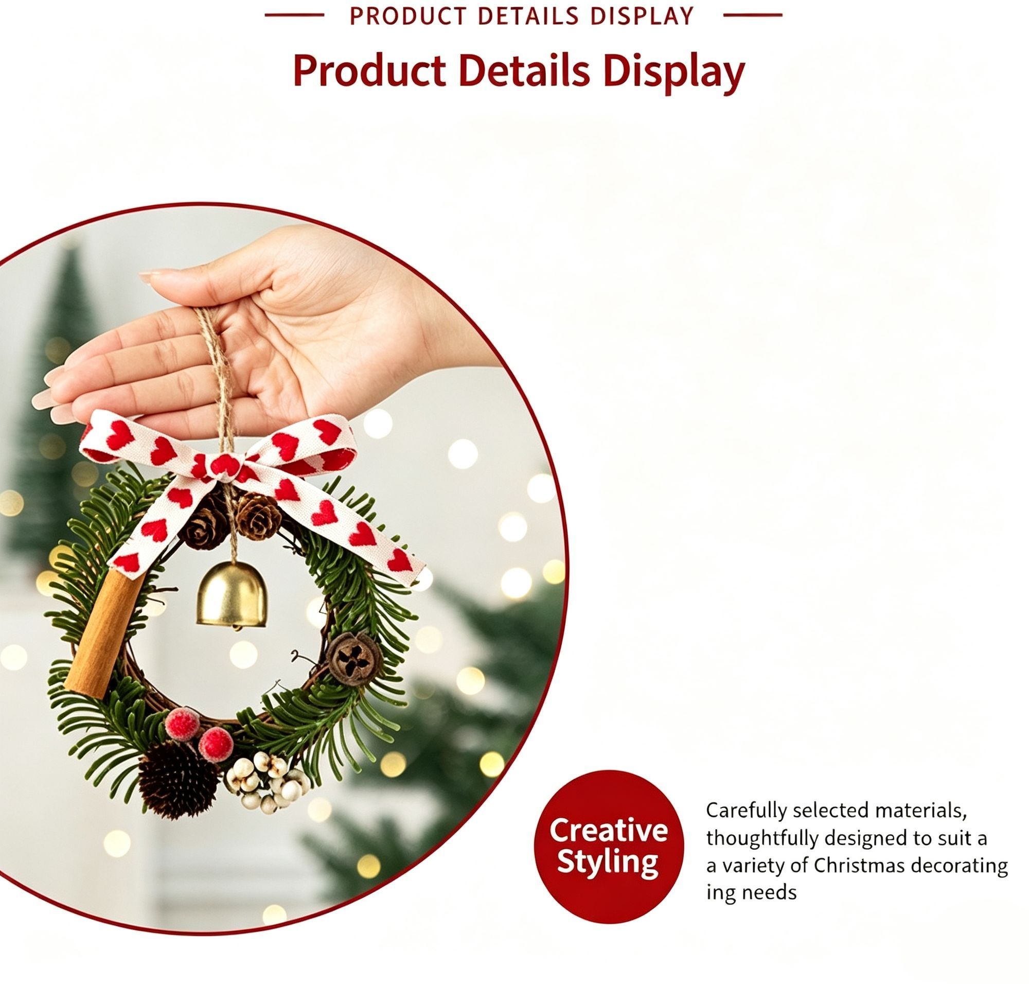 Christmas Pine Cone Wood Strip Double Green Bell Wreath Hanging Charm, Indoor Ambience Pendant for Christmas Seasonal Presents, Model D7 — image 2