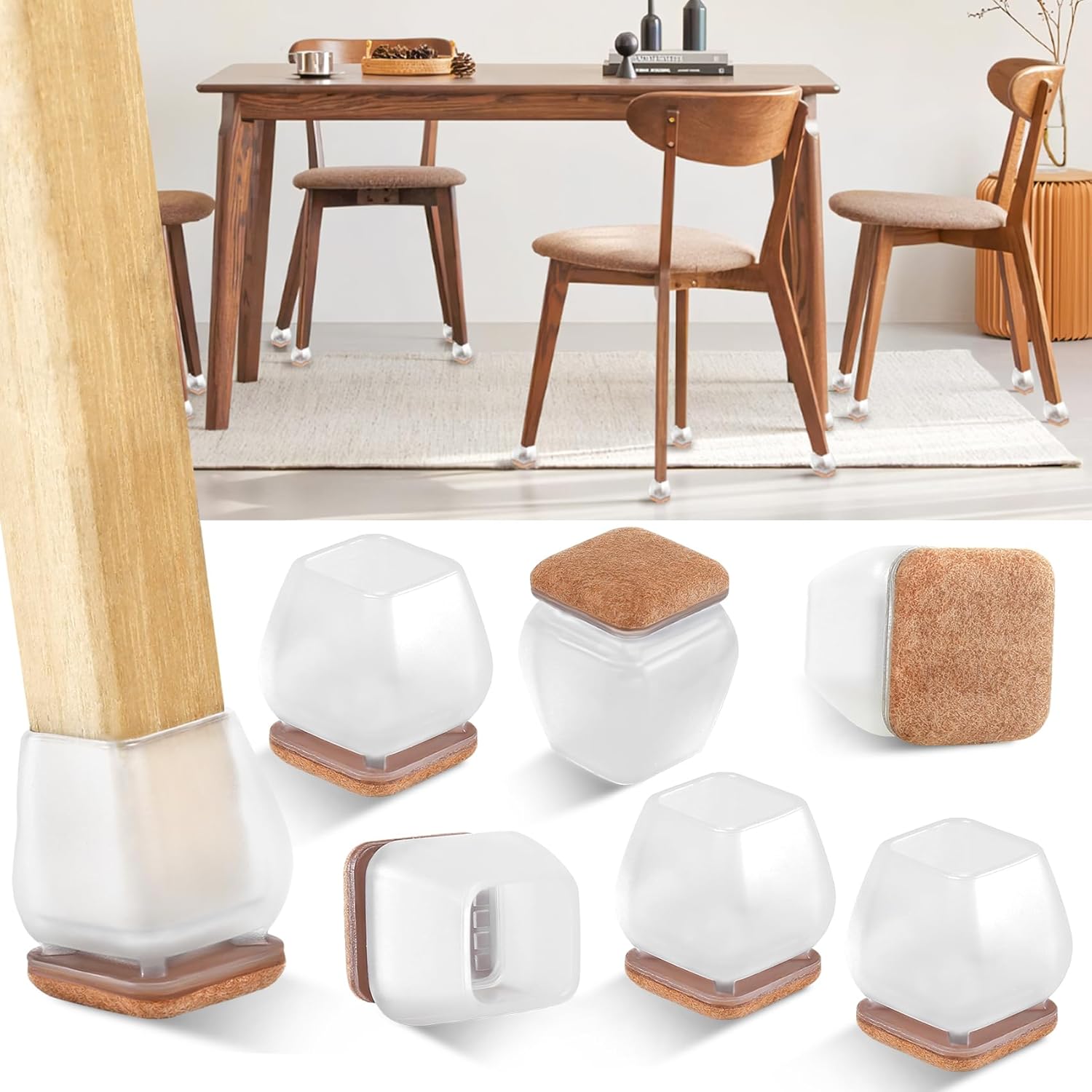 Furniture Leg Caps 30-45mm Transparent Non-Slip Felt Pads Floor Protectors Chair Table Feet Covers Set of 16