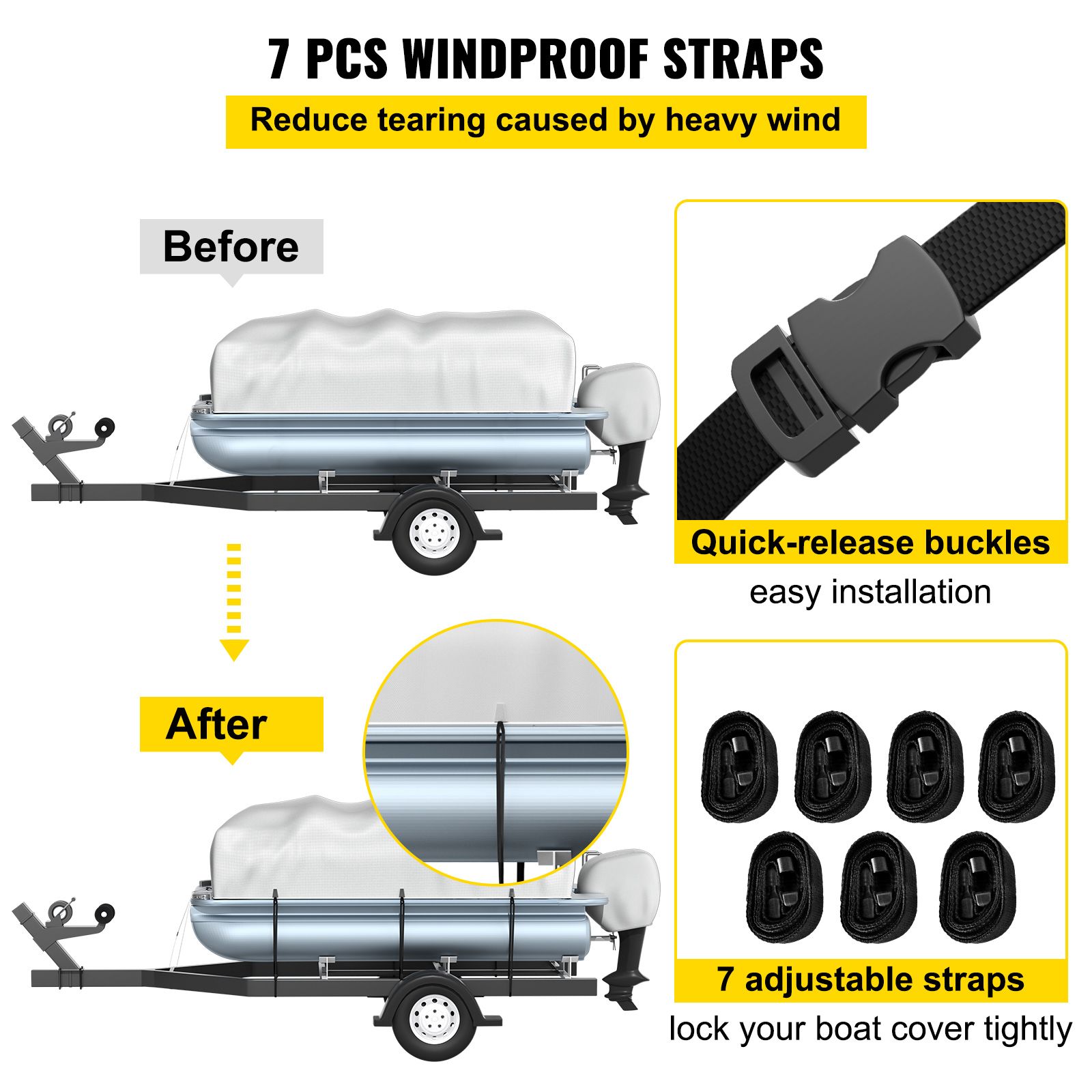 Pontoon Boat Cover, Fit for 17/'-20/' Boat, Heavy Duty 600D Marine Grade Oxford Fabric, UV Resistant Waterproof Trailerable Boat Cover with 2 Support Poles and — image 6