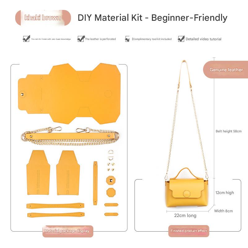 Khaki brown Leather Bag DIY Kit โ Geometric Shoulder Bag Making Material Set with Pre-Punched Cowhide, Tools for Hand Stitching