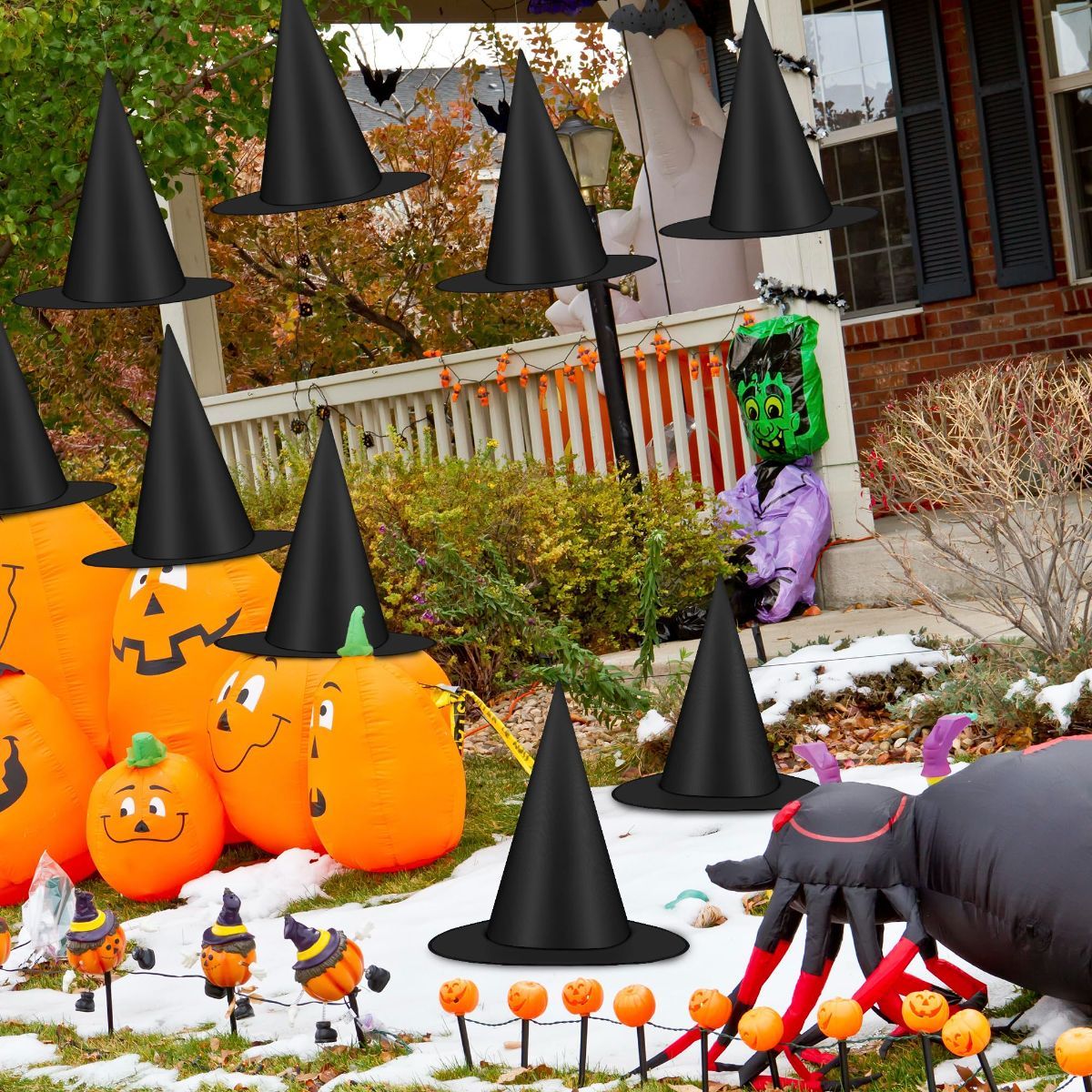36 PCS Halloween Witch Hats, Black Hanging Witch Hats Porch Yard Decor | Witch Costume Accessories Witches Hat with 328 FT Nylon Cord Wizard Hats Indoor — image 5