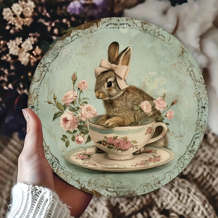 Easter Wooden Door Sign & Hanging Ornament 3-Piece Set – Bowknot Teacup Bunny, Twin Grey Rabbits, and Floral Wreath Bunny Designs — image 2