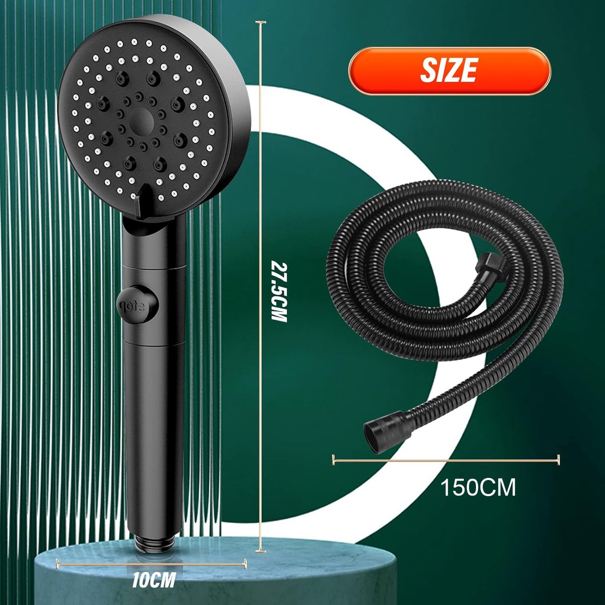 Shower Head - Shower Set - 6 Spray Modes - Water Saving - High Pressure - With 1.5m Explosion-Proof Hose and Self-Adhesive Holder - Rain Shower - Wellness — image 2