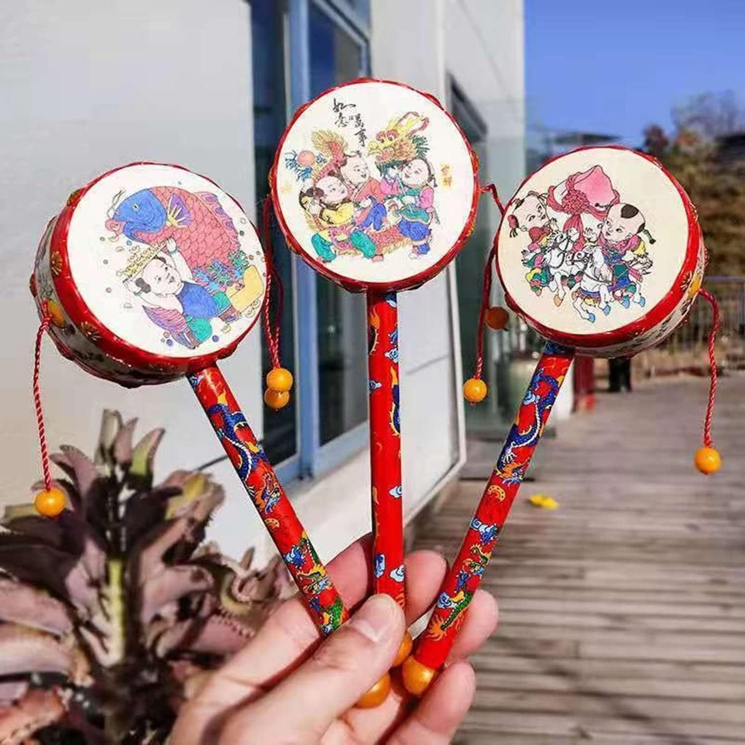 3pcs Spinning Rattle Drum Hand Bell Drum - Baby Musical Educational Chinese Traditional Percussion Fun China Toys, 7.48" x 2.56" โ image 2