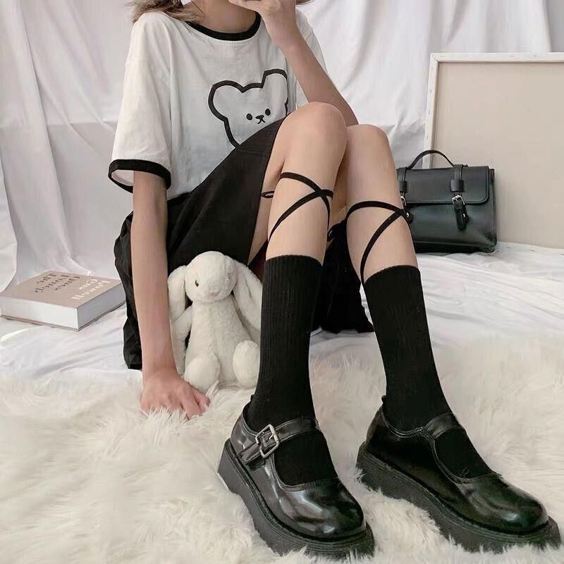 Cross-Tie Women Lolita Socks Bandage Stockings Korean Style Middle Tube Socks - White+Black — image 6