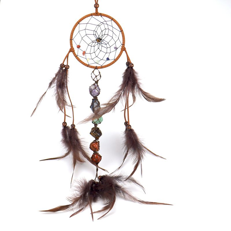 Traditional Native Style BROWN SUEDE Dreamcatcher with Bone Beads & Feathers - 22" Long x 4.3" Diameter