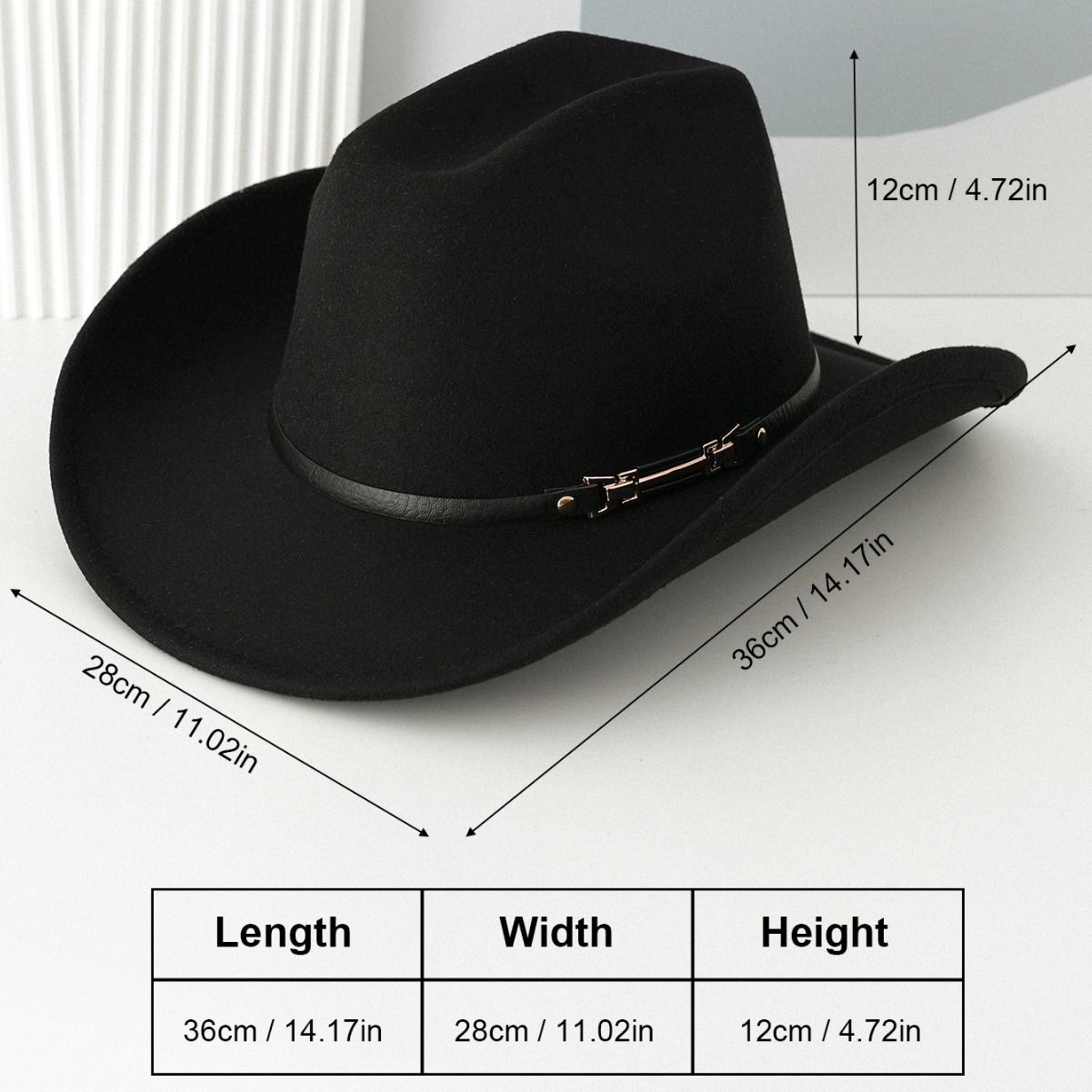 Western Cowboy Hat - Black Wide Brim Cowboy Hat with Leather-Look Band, Metal Rivet and Square Buckle Detail for Casual, Festival and Western Style โ image 5