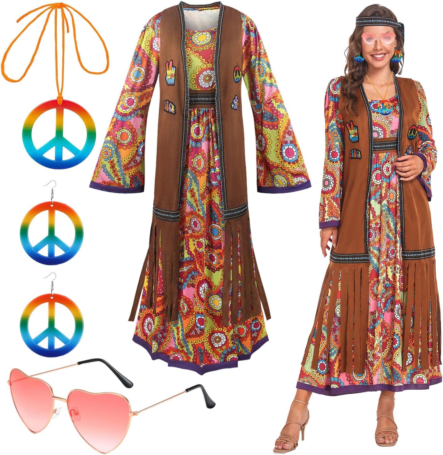 60s costume women, hippie women's dress set, 70s disco halloween outfits, hippie clothing women's costume, 60s clothing accessories M