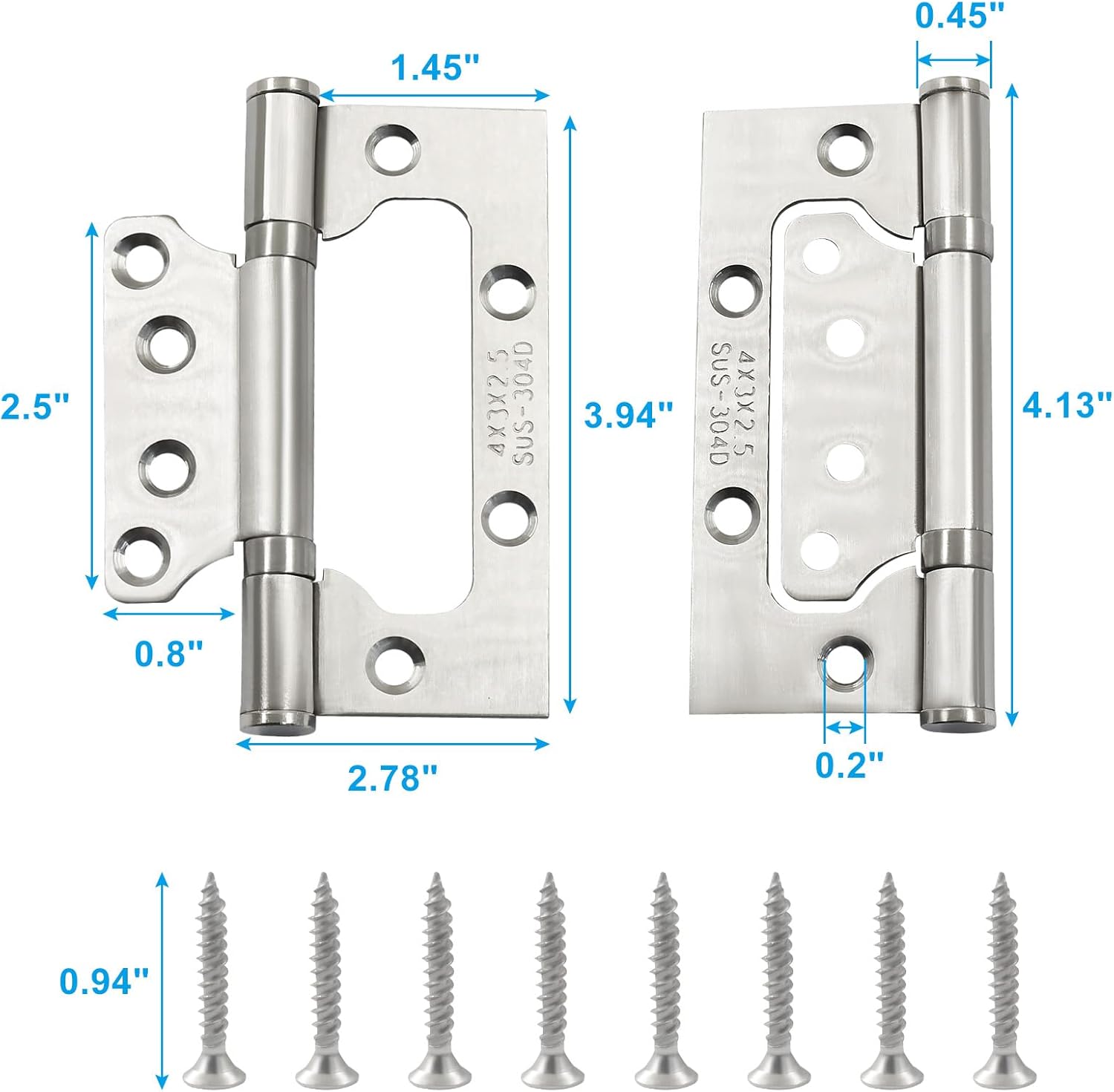 6 Pack Silver Non Mortise Door Hinges, 4"x3" Stainless Steel Bifold Door Hinges Thicken Heavy Duty Interior Gate Hinges with Mounting Screws â image 3