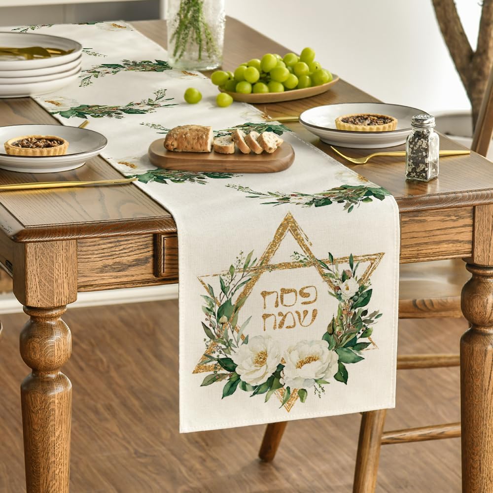 Hexagram Flowers Passover Table Runner, Jewish Spring Seasonal Holiday Kitchen Dining Table Decoration for Indoor Outdoor Home Party Decor 13 × 72 Inch — image 3