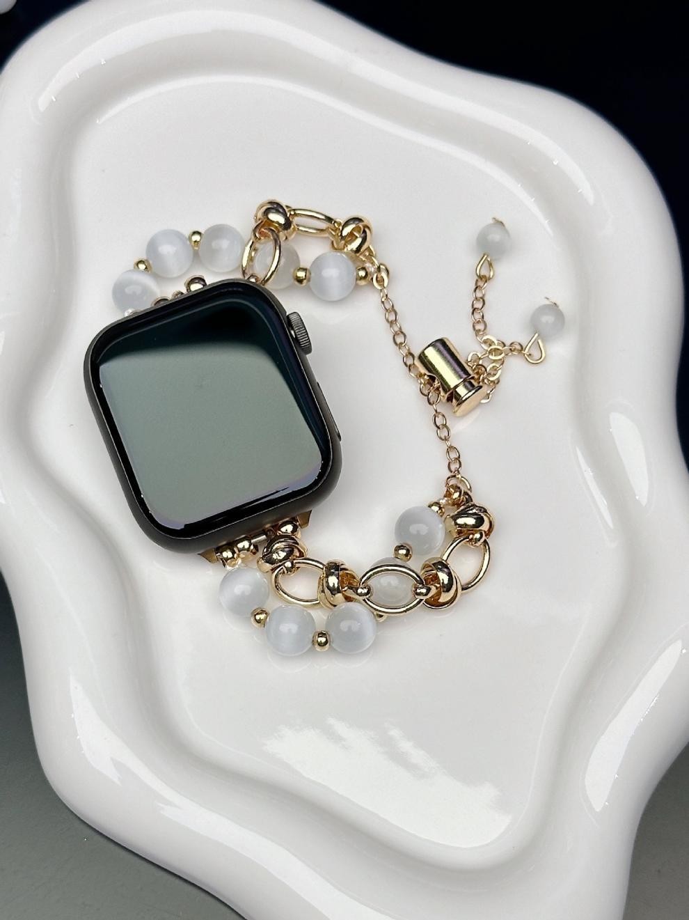 2-pcs Gold chain with white beads Elegant Cat's Eye Beaded Bracelet Band for Apple Watch - Women's Luxury Strap (Compatible Size:42/44/45MM ) — image 3