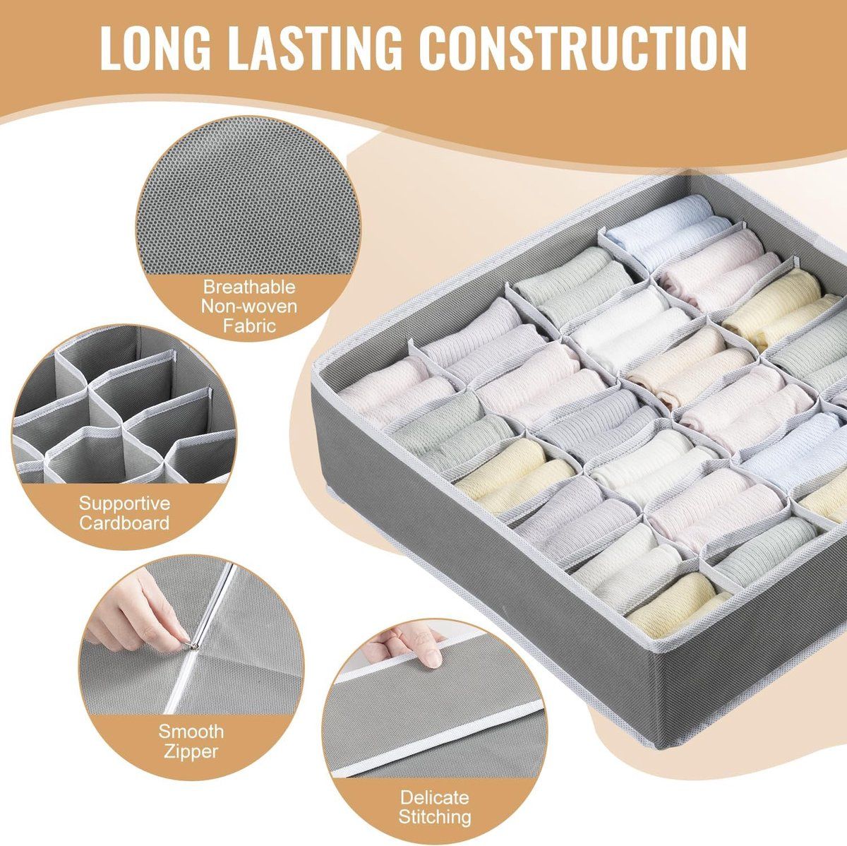 4 Pack Drawer Organizer Foldable Oxford Fabric Closet Storage Bins With Compartments For Underwear Socks Bras Baby Clothes Gray, 32 × 10 cm — image 4