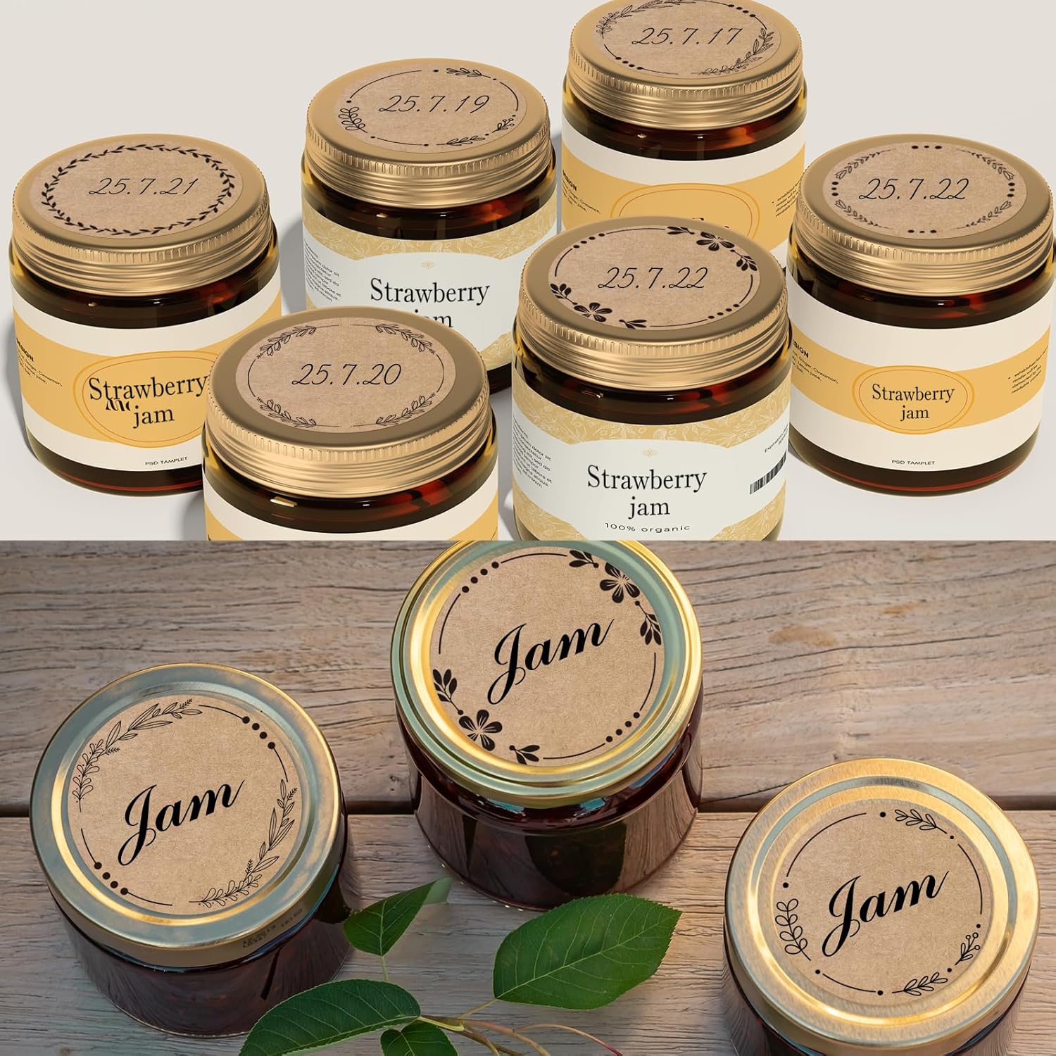 2" Brown Label Stickers for Jars and Lids, Kraft Sticker Labels for Pantry, Mason Jars, Canning, Bottles, 6 Different Drawn Wreath Designs, Kraft Paper/ 500pcs — image 3