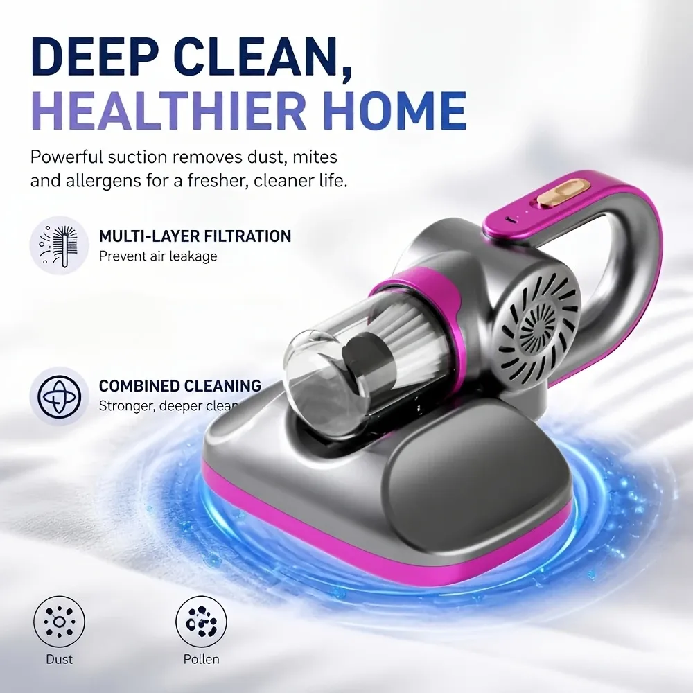 Cordless Mite Vacuum UV Sterilizer 8500Pa Suction HEPA Filter Warm Air, Mattress Sofa Pet Bed Dust Mite Remover./purple — image 5