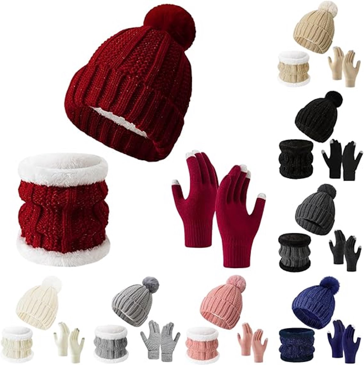 Gloves, hat and scarf - three-piece set - winter knitwear - fleece lined and thickened - warm and cold resistant - Claret โ image 2