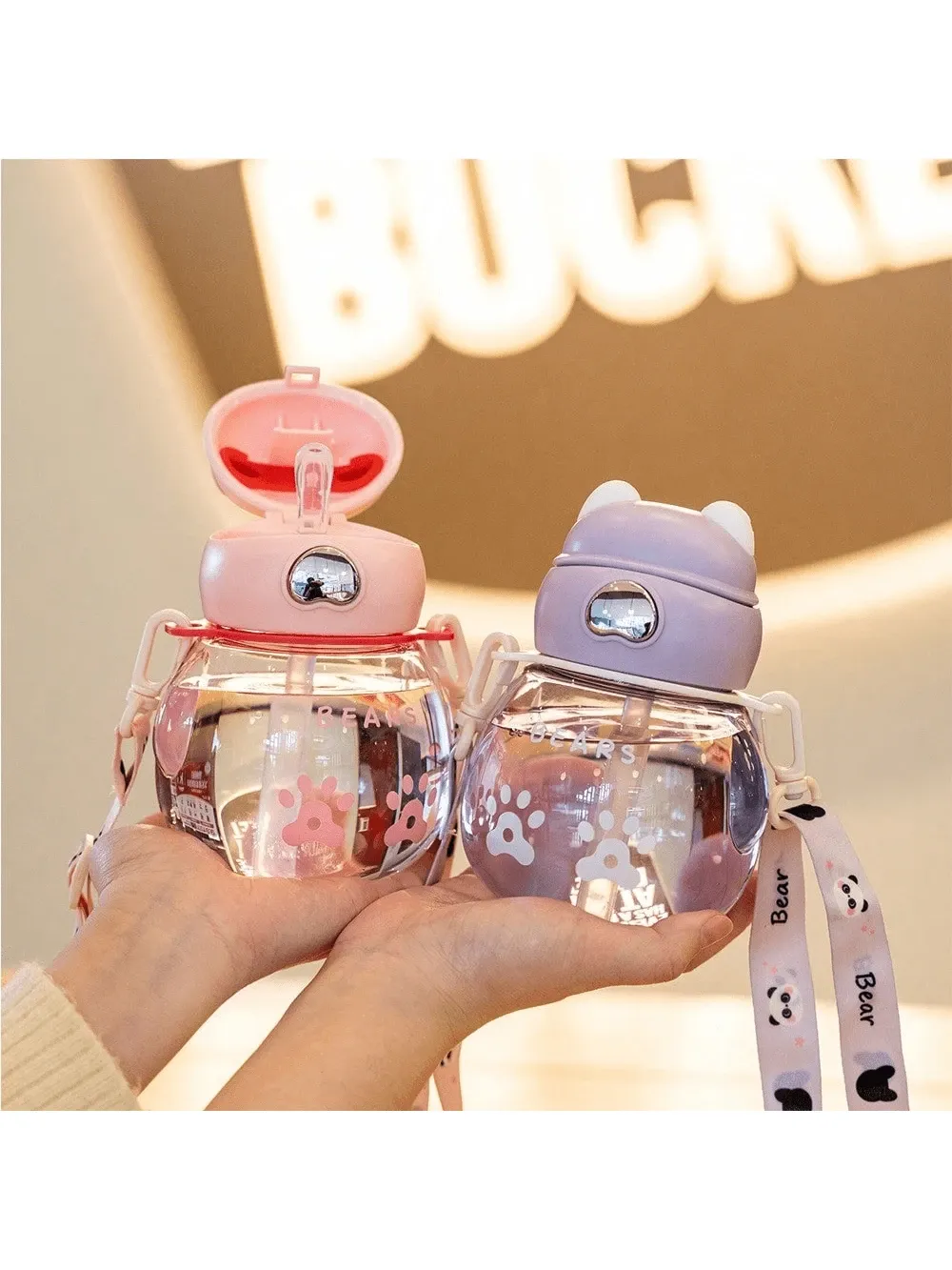 Mini Cute Cup With Straw Shoulder Strap Outdoor Sports Water Bottle Available In 450ml 15.22oz 700ml 23.67oz — image 2