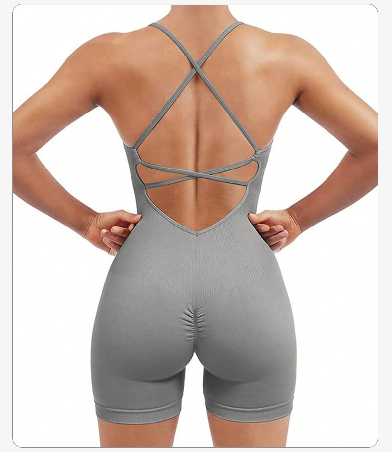Size S Light Grey Nylon Seamless Yoga Bodysuit - Women's Athletic Romper, Crisscross Back, Workout Jumpsuit โ image 2