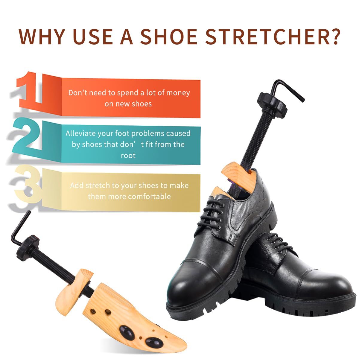 Shoe Stretcher Men Women, Pair of 4-Way Adjustable Upgraded Wooden Shoe Stretcher with Length and Width Stretchable — image 5