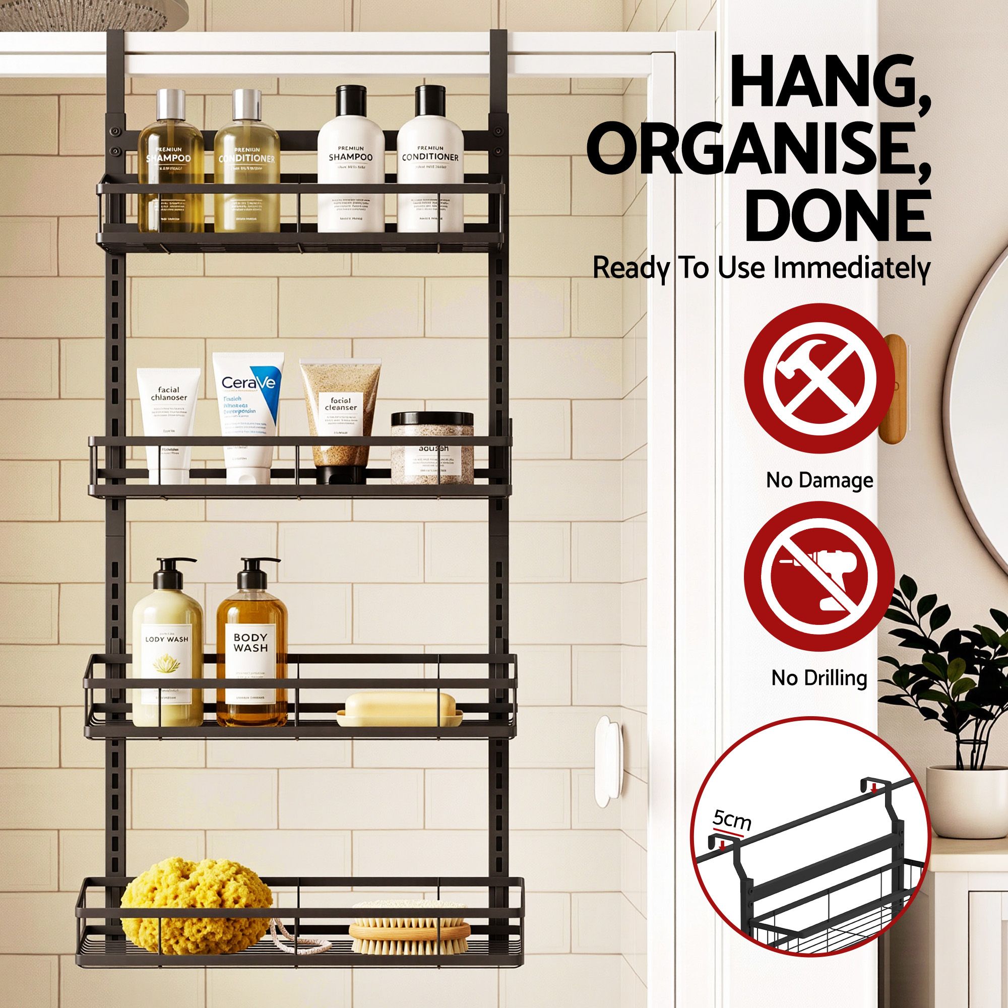 Artiss Over Door Bathroom Rack Hanging Organiser 4 Tier No Drill 91cm Black โ image 4