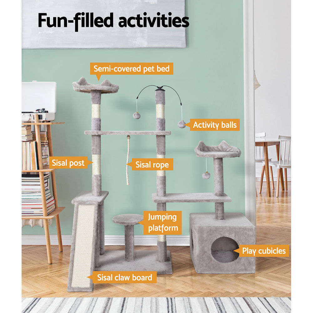 i.Pet Cat Tree 135cm Tower Scratching Post Scratcher Wood Condo House Toys Grey โ image 4