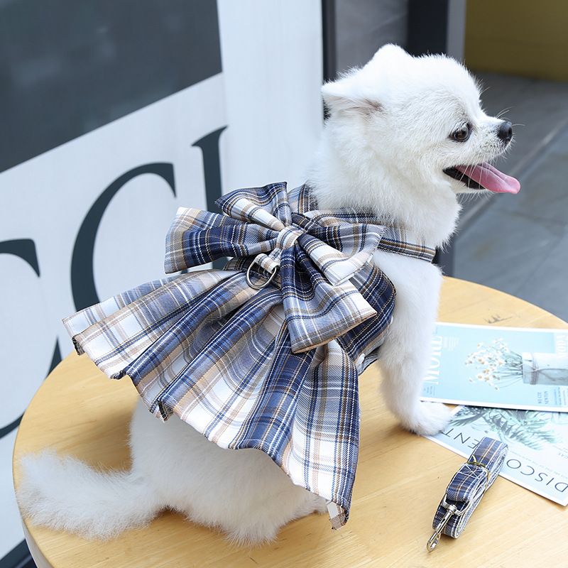 Navy Blue Plaid Pet Harness Dress with Leash for Small Dogs and Cats L Size Bow Design Vest Outfit Walking Accessory — image 5