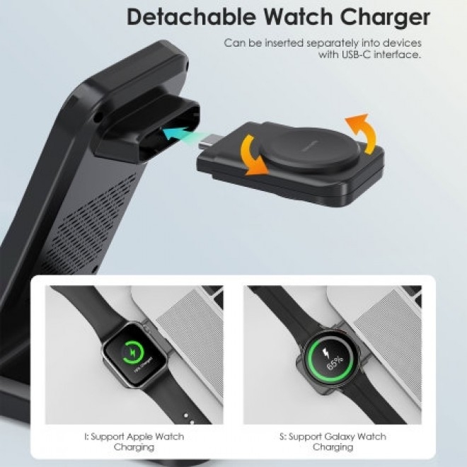 CHOETECH T608-F-BK 15W 4-in-1 Wireless Charger Stand for iWatch and Samsung Watch (Black) — image 6