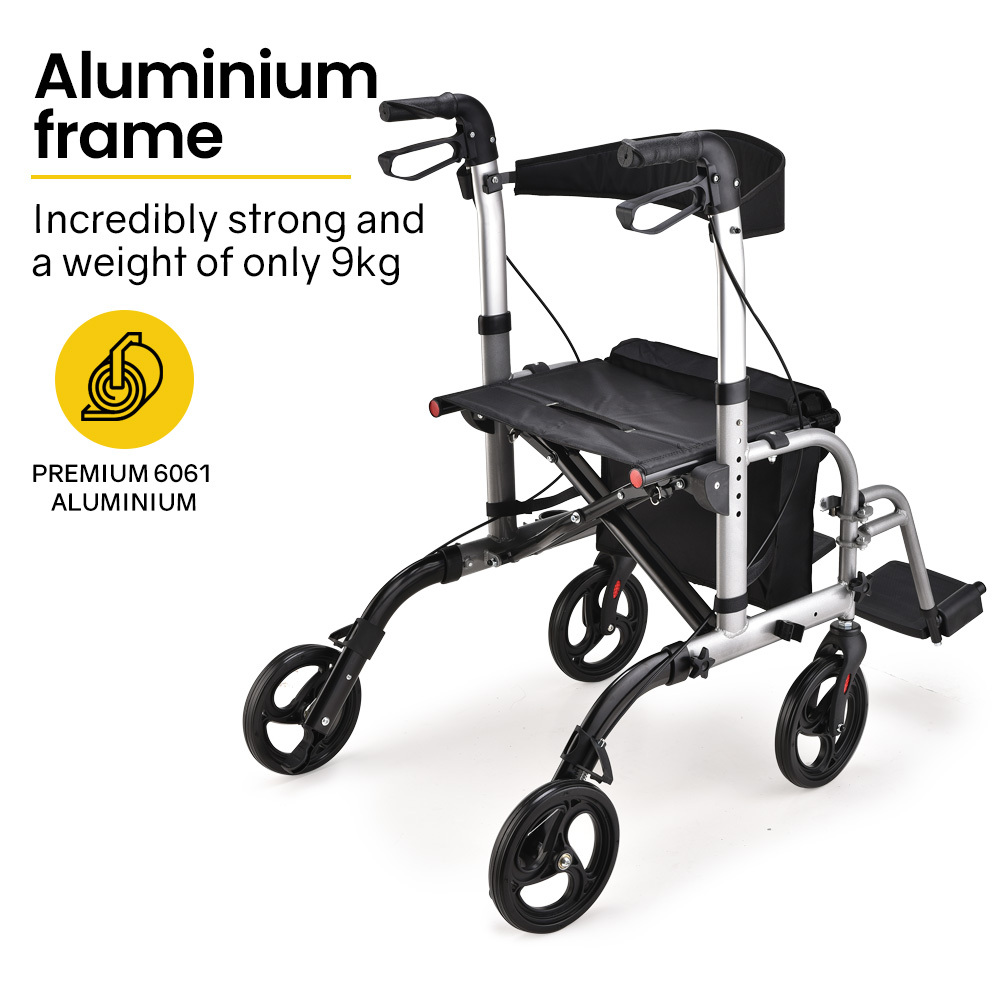 EQUIPMED 2-in-1 Folding Rollator Wheelchair Adjustable Mobility Walker w/ Park Brakes & Bag, Silver โ image 3