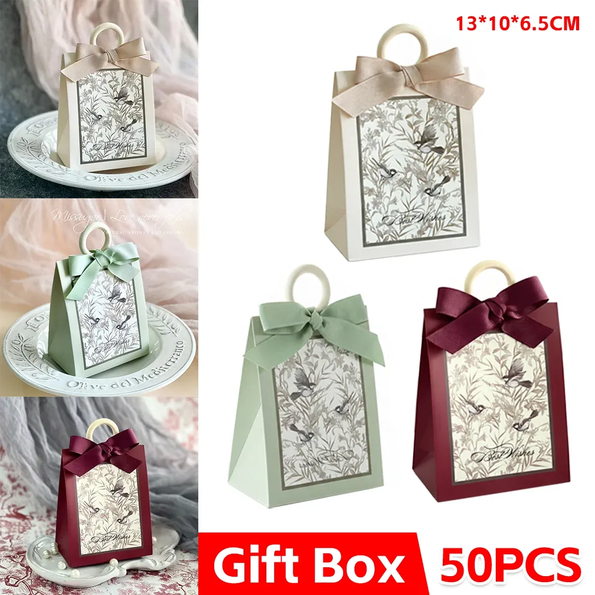 50PCS Gift Bags 3 Colours Aesthetic French Forest Theme Party Packing Bags - Green — image 2