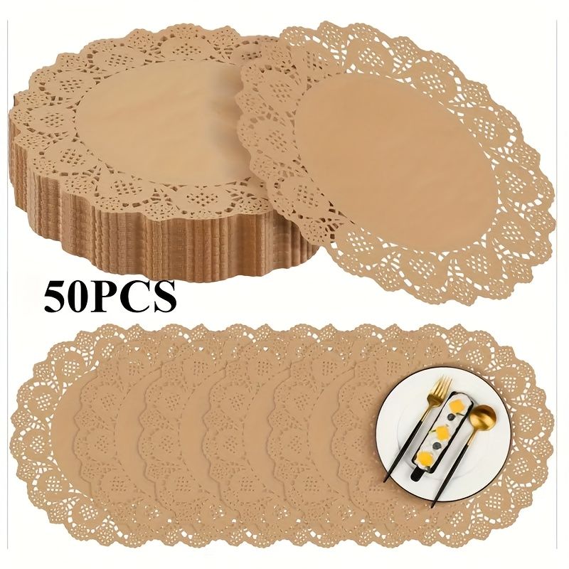 50Pack Round Brown Kraft Paper Doilies 13.5 Inches Lace Paper Place Mats Rustic Scallop Doily Disposable Table Pads for Food Cakes Crafts Party Weddings — image 2