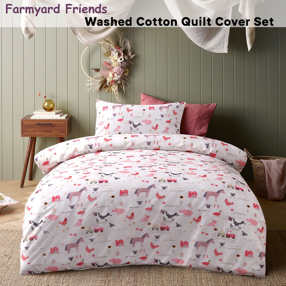 Happy Kids Farmyard Friends Washed Quilt Cover Set Single — image 2
