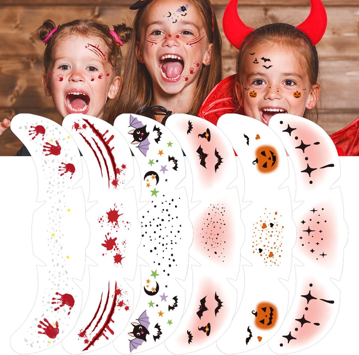 6 pieces - Temporary Face Tattoos - Halloween decoration - Glitter makeup stickers - Self-adhesive Tattoos for Adults - Festival Glitters - Face stickers