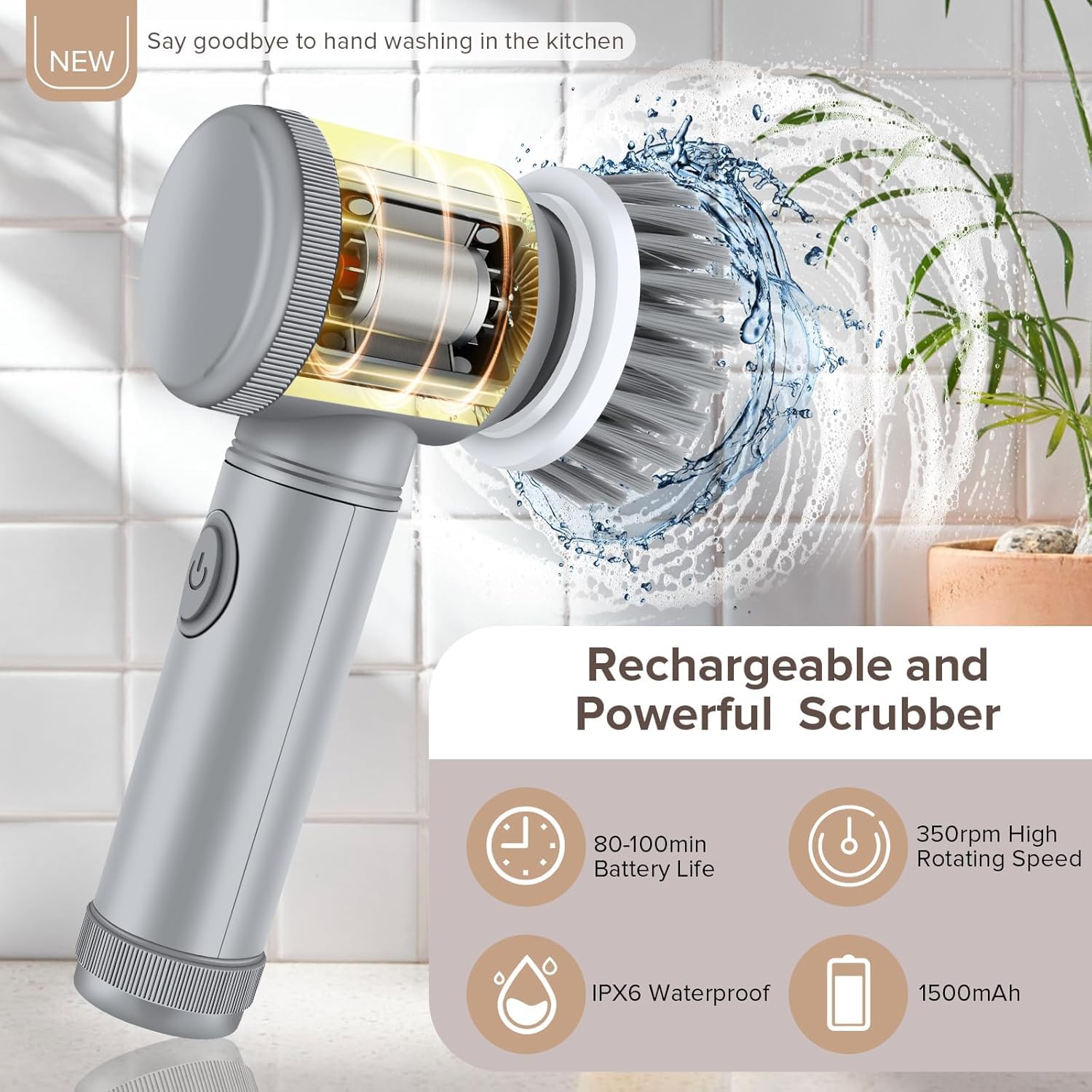 Cordless Electric Spin Scrubber with 5 Brush Heads and USB Rechargeable Battery for Bathrooms, Tiles, Grout and Kitchens, White — image 6