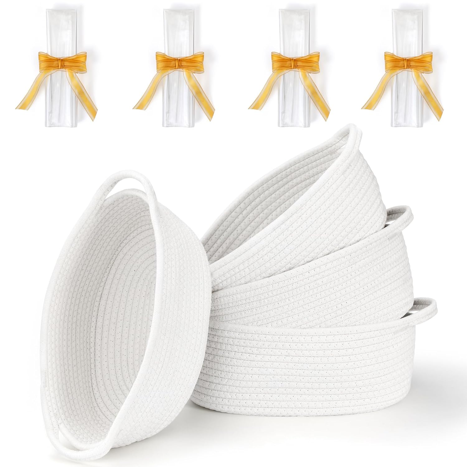 4 Pack Small Woven Basket with Handles, All 12"x 8"x 5", Cotton Rope Room Shelf Storage Basket, Cat Toys, Cute Baby Gift Bags and Ribbons for Nursery, Empty